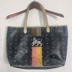 MCM Black Visetos Coated Canvas and Leather Princess Lion Shopper Tote